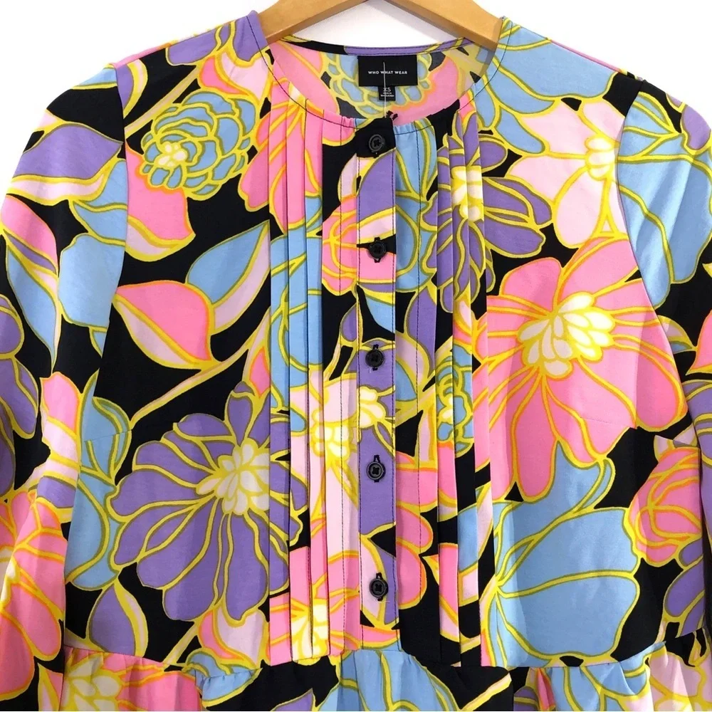 Who What Wear Outline Vintage Floral Watercolor Print Tiered Dress XS